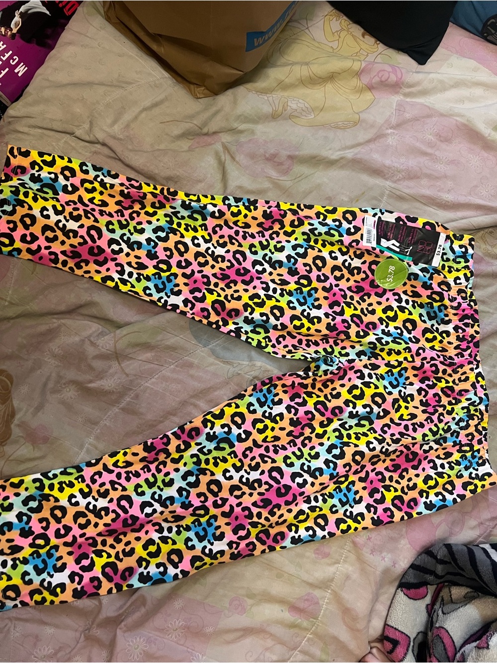 No Boundaries Neon Leopard Capri Leggings - Pink, Yellow, Blue, Black - Picture 2 of 3